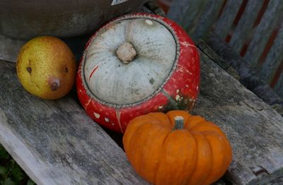High angle view of pumpkins on wood