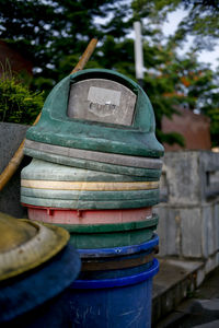 Close-up of stack of wood against blurred background