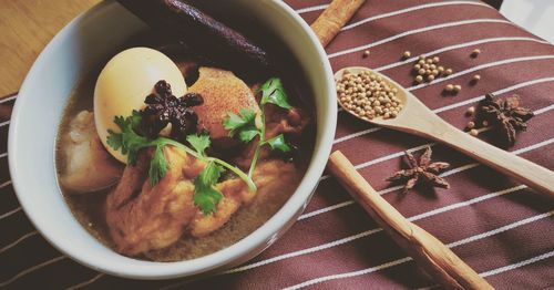 High angle view of food in bowl on table