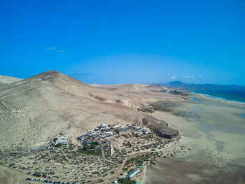 Aerial atlantic ocean and the coastline in sotavento beach fuerteventura island drone photography