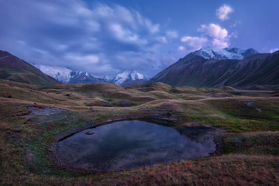 Scenic view of lake and mountains against sky