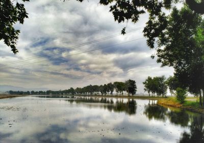 Scenic view of lake against cloudy sky