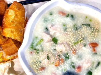 High angle view of soup in bowl