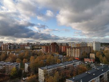 High angle view of buildings against sky