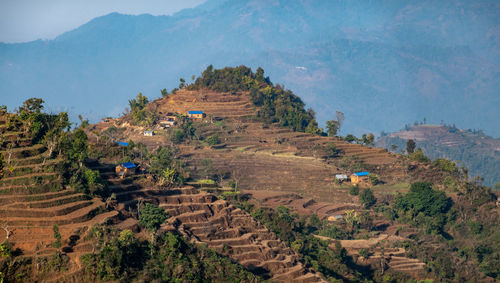 High angle view of agricultural field against sky