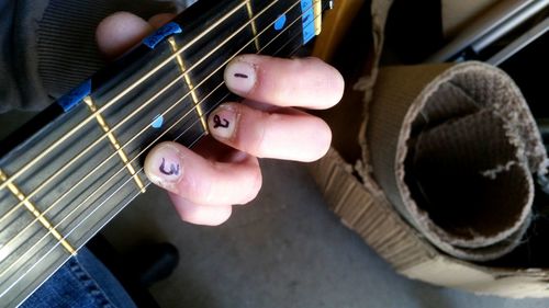 Close-up of hand playing guitar