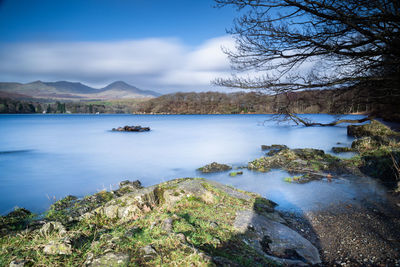 Scenic view of lake against cloudy sky