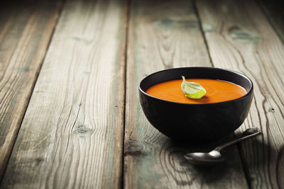 High angle view of drink in bowl on table