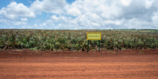 Information sign on field against sky