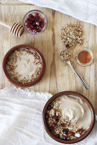 Overhead view of breakfast on cutting board