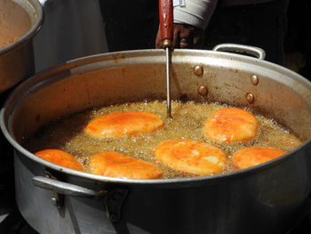 Close-up of meat in cooking pan