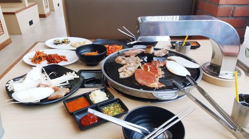 High angle view of food in plate on table