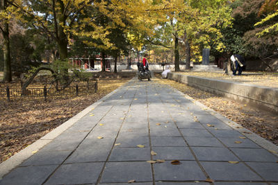 Side view of woman walking on footpath during autumn