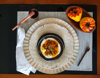 High angle view of food in plate on table