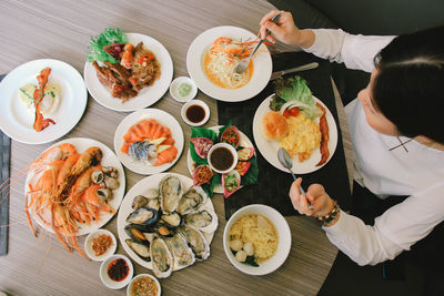 High angle view of meal served on table