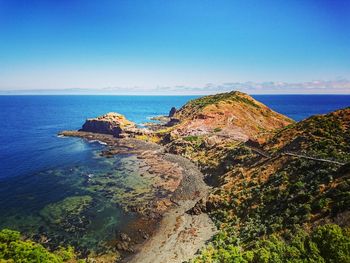 Scenic view of sea against clear blue sky