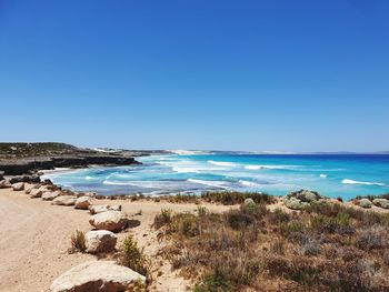 Scenic view of sea against clear blue sky