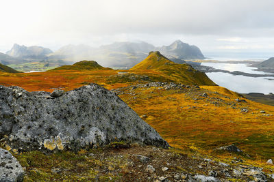 Scenic view of landscape against sky on lofoten islands in norway