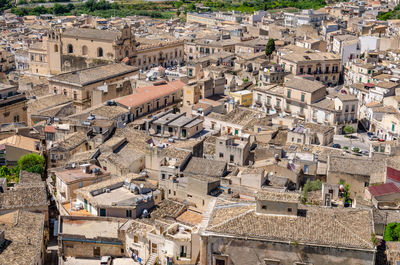 High angle view of buildings in city