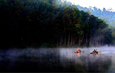 Men sailing boat on lake by trees against sky