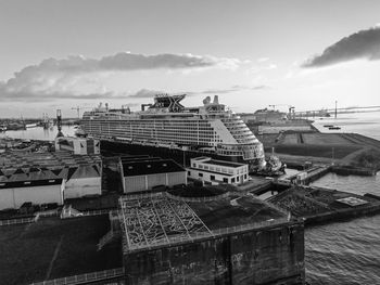 High angle view of commercial dock against sky