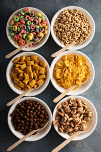 High angle view of food in bowls on table