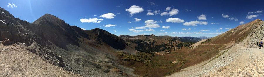 Panoramic shot of rocky mountains against blue sky