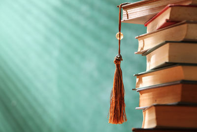 Close-up of books against building