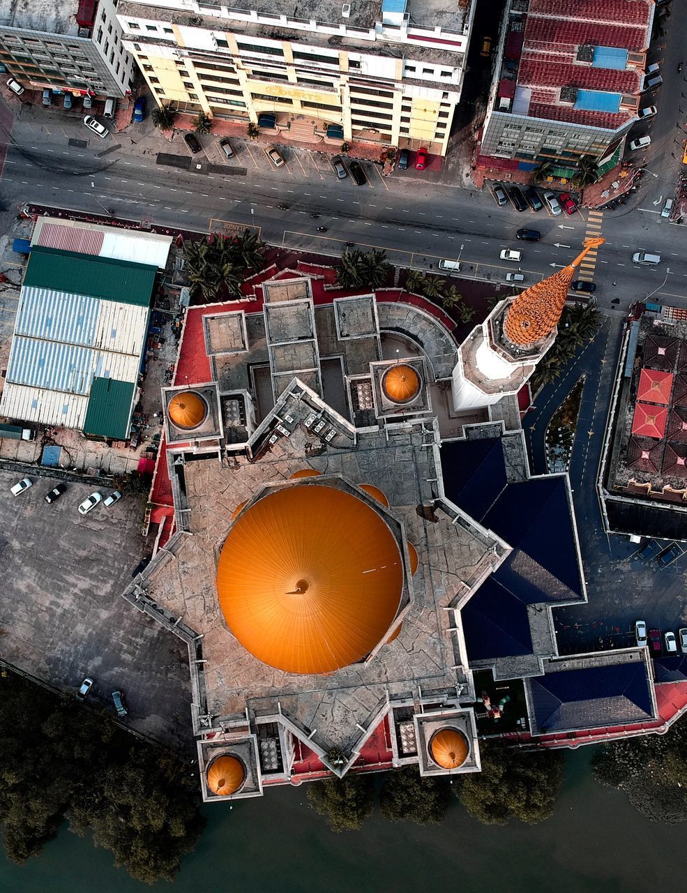 HIGH ANGLE VIEW OF STREET AND BUILDINGS