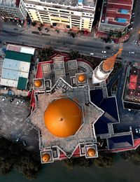 High angle view of street and buildings in city