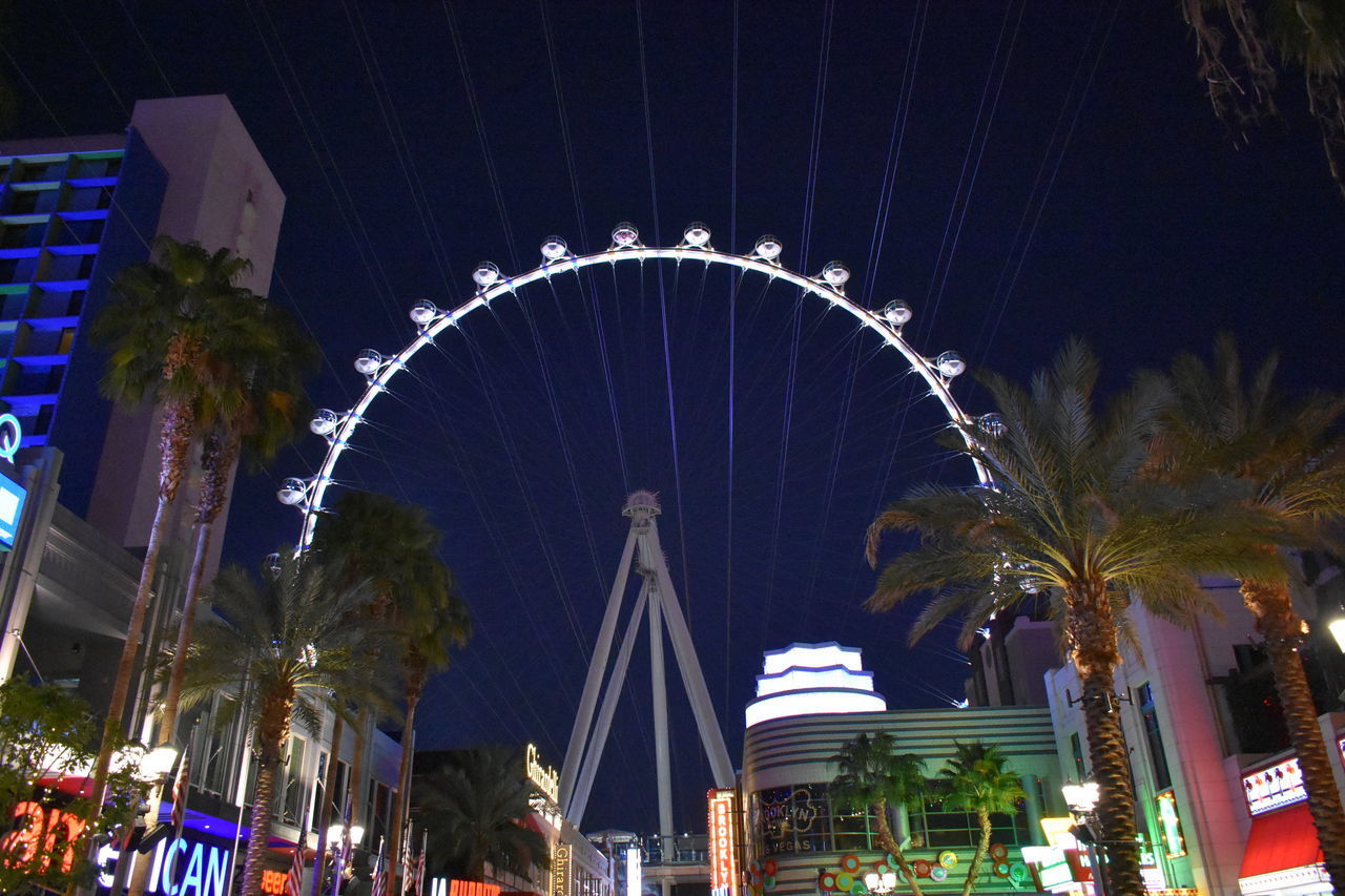 LOW ANGLE VIEW OF ILLUMINATED FERRIS WHEEL AGAINST SKY