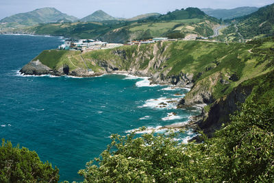 High angle view of sea and mountains