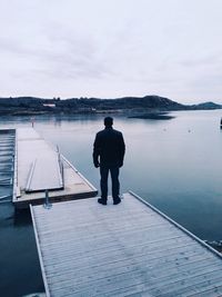 Rear view of man standing on lake against sky