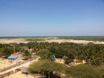 High angle view of beach against clear blue sky