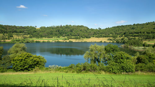 Panoramic image of the landscape of vulkaneifel with maare lakes close to schalkenmehren, germany