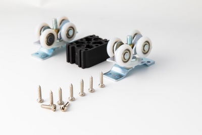 High angle view of objects on table