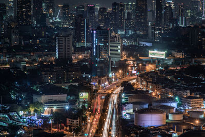 High angle view of illuminated buildings at night