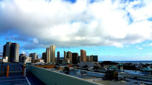 Buildings in city against cloudy sky