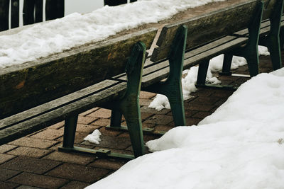View of wooden bench in snow