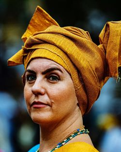 Close-up of woman wearing hat