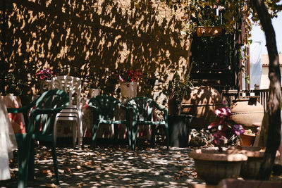 Chairs and tables in restaurant at night