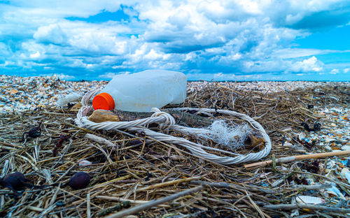 Close up of plastic bottle and rope mooring bouy weathered on beach save our oceans pollution