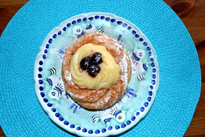 High angle view of dessert served on table