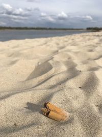 Surface level of sand on beach against sky