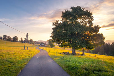 Road amidst field against sky during sunset