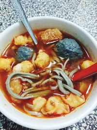 High angle view of soup in bowl