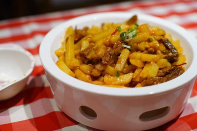 High angle view of noodles in bowl on table
