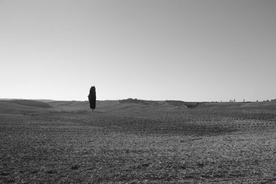 Rear view of man standing on field against clear sky