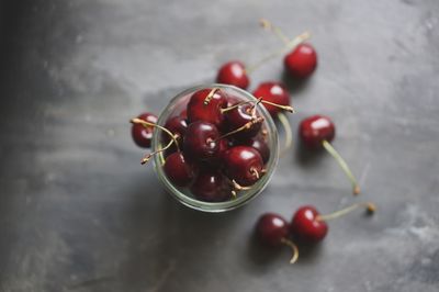 Directly above shot of cherries in container on table
