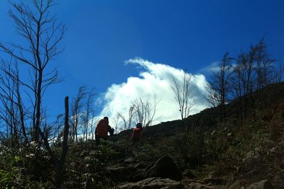 People sitting on land against blue sky